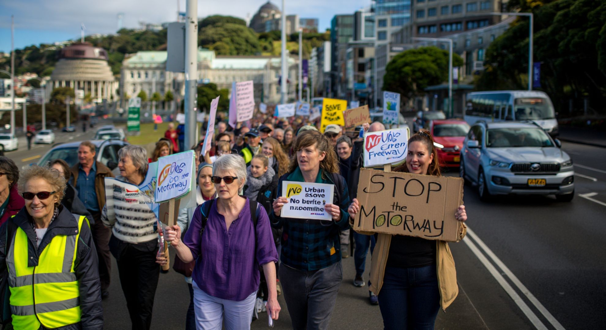 In Wellington residents protest against the construction of a new urban motorway