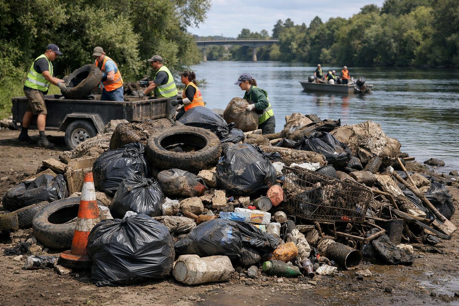 Conservation volunteers remove a record amount of rubbish from the Waikato River