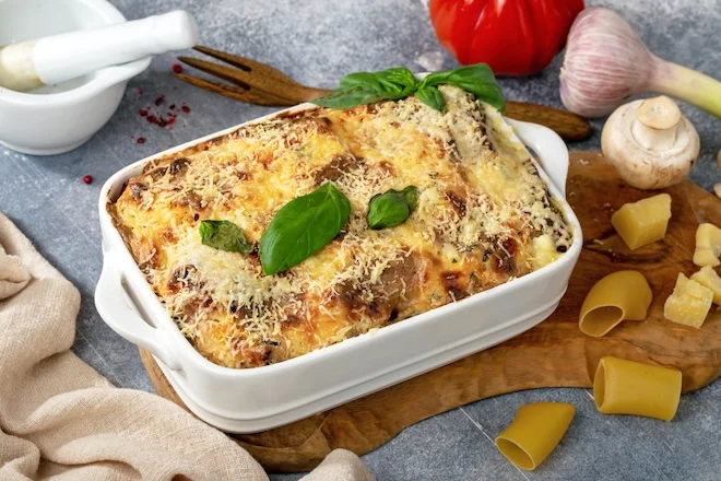 gratin de pâtes aux champignons
